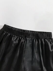 女童纯色缎面睡衣套装 3 件套 - 奢华短袖纽扣上衣和黑色短裤+长裤套装 - 柔软睡衣和休闲装，营造舒适百搭的外观，适合春季、夏季和秋季穿着