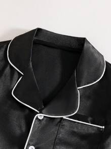 女童纯色缎面睡衣套装 3 件套 - 奢华短袖纽扣上衣和黑色短裤+长裤套装 - 柔软睡衣和休闲装，营造舒适百搭的外观，适合春季、夏季和秋季穿着