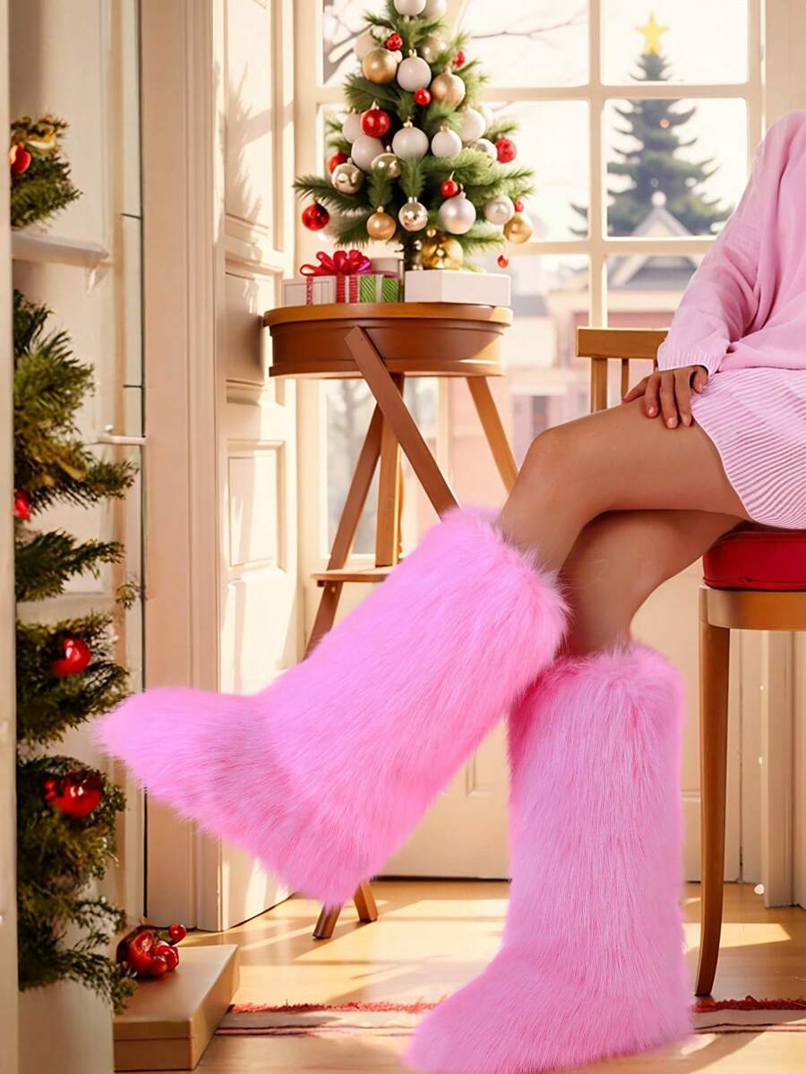 Winter Knee High Boots For Women Pull-On Faux Fur Boots Furry Fluffy Round Toe Fashion Boots Suede Comfy Plush Warm Knee High Boots Outdoor Indoor Flat Shoes Party Dressy Women Winter Boots - 粉色 - 查看 1