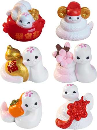 4 件 2025 蛇微型雕像新年装饰品，树脂硬币宝罐蛇装饰蛇年中国十二生肖动物雕像春节汽车装饰（款式随机）最佳礼物