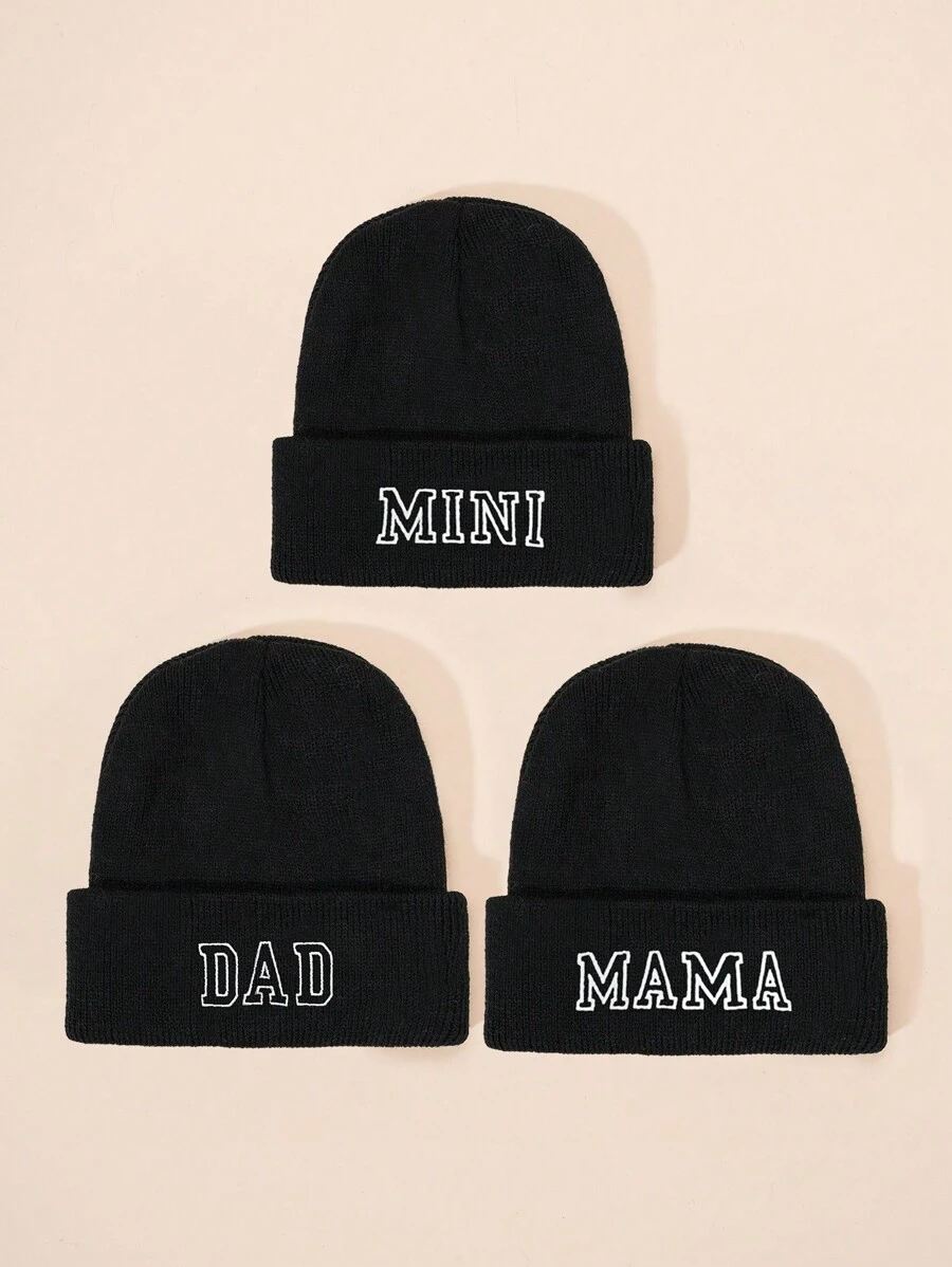 3 szt./1 szt. haftowane "DAD MAMA MINI" litery rodzinne kombi dzianinowe czapki beanie, ciepła czapka narciarska, unisex, dzieci, chłopcy, dziewczęta, styl Y2K, swobodna zimowa, zimna pogoda, dzianinowa czapka na kostium - Czapka robiona na drutach dla rodziców i dzieci - Zobacz 1