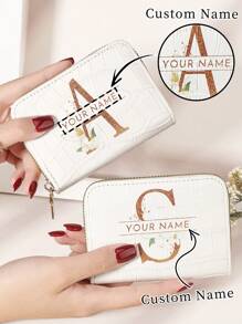 Personalized Name Signature Crocodile Pattern Letter Flower Design Multi-Card Wallet Purse As Valentine's Day Mother's Day Birthday Gift, Purses And Bags Women