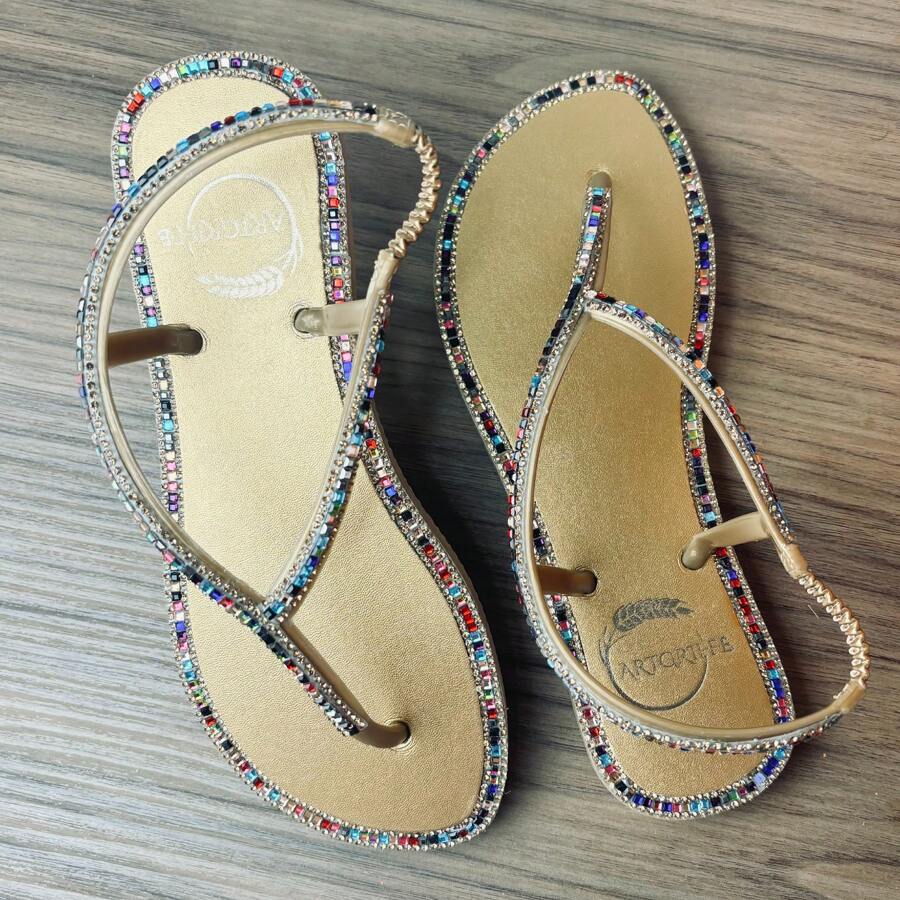 Women's Luxury Rhinestone Flat Sandal Art Griffe Paris Christmas New Year's Eve - 金/銅 - 查看 1