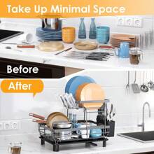 GROWSUN-2 Tier Dish Drying Rack Dish Racks For Kitchen Counter Metal Dish Drainers With Knife Cup Utensil Holder - Deep Black - View 3