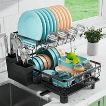 GROWSUN-2 Tier Dish Drying Rack Dish Racks For Kitchen Counter Metal Dish Drainers With Knife Cup Utensil Holder - Deep Black - View 1