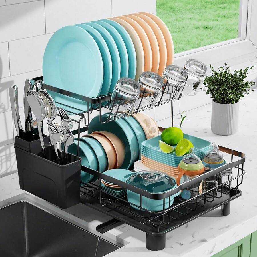 GROWSUN-2 Tier Dish Drying Rack Dish Racks For Kitchen Counter Metal Dish Drainers With Knife Cup Utensil Holder - Deep Black - View 1