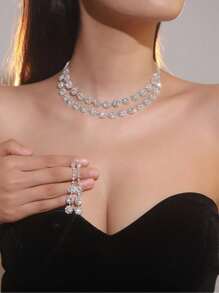 2pcs Sparkling Full Rhinestone Bridal Party Jewelry Set For Women - Silver - View 8