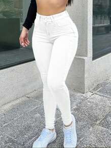 Women's Mid Waisted Slim Fit Fashionable Classic Stretch Denim Pants Jeans Tight Pants Pockets - 白色 - 查看 4