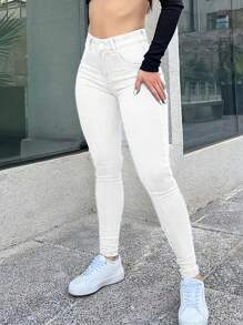 Women's Mid Waisted Slim Fit Fashionable Classic Stretch Denim Pants Jeans Tight Pants Pockets - 白色 - 查看 1