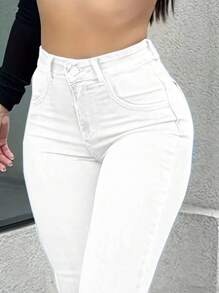 Women's Mid Waisted Slim Fit Fashionable Classic Stretch Denim Pants Jeans Tight Pants Pockets - 白色 - 查看 6