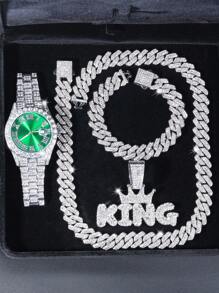 4pcs/Set Hip-Hop Fashion Cuban Bracelet Necklace Set With Quartz Watch And King Pendant Necklace, Men's Jewelry Set, Rapper's Jewelry,Perfect Gift For Dad, Boyfriend, Brother - A - View 13