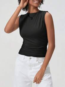 Women's Ruched Tank Tops Slim Solid Color Boat Neck Sleeveless Shirt For Party Club