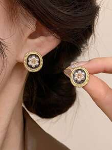 5 件/套简约复古人造珍珠心形花朵精美设计耳钉套装情人节