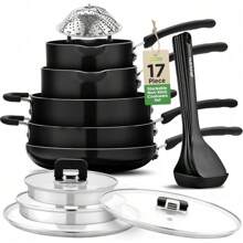 NutriChef Space Saver 17-Piece Nonstick Cookware Set - Brown Pots And Pans With Stackable Design, Foldable Handles, Induction Ready - Black - View 1