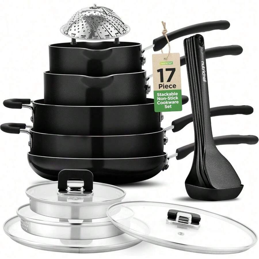 NutriChef Space Saver 17-Piece Nonstick Cookware Set - Brown Pots And Pans With Stackable Design, Foldable Handles, Induction Ready - Black - View 1