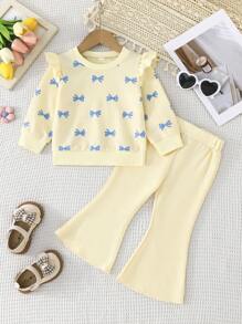 2pcs Baby Girls Cute Fashion Casual Butterfly Print Round Neck Puff Sleeve Sweatshirt Top And Solid Color Flare Pants Set, Spring/Autumn - Apricot - View 8