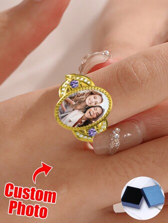 여성 그녀의 할머니 엄마 어머니 날 발렌타인 데이, 생일, 기념일, 졸업, 크리스마스, 가족, 친구 및 급우를 위한 지르코니아 선물과 함께하는 개인화된 사진 반지 맞춤 사진 인장 반지 기념 보석
