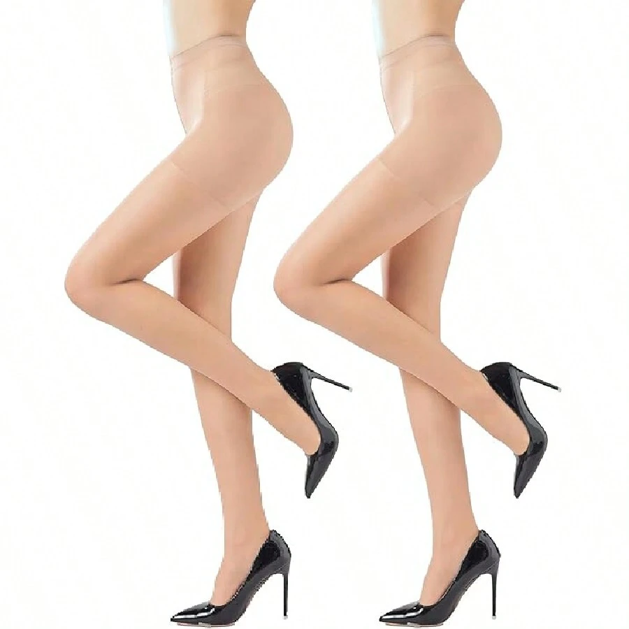2 pares de medias de control para mujer de Weziarer: medias transparentes de 20 D con puntera reforzada - Champán - Ver 1