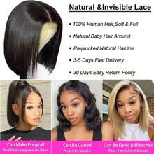 8-16inch Transparent Lace Front Wigs Bob Wig Human Hair Straight Peruvian Human Hair 150% Density 4x4 Lace Closure Short Bob Wigs For Women Pre Plucked With Baby Hair Natural Color