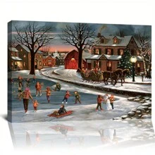 Winter Ice Skating Village Scene Canvas Art, Festive Family Gathering Theme Decoration, Printed Canvas Artwork, Suitable For Bedroom, Dining Room, Living Room, Office Wall Decoration - Framed - View 1