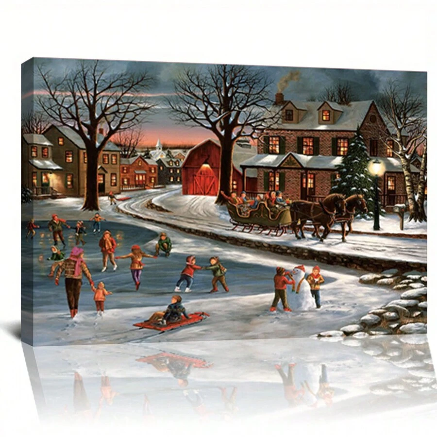 Winter Ice Skating Village Scene Canvas Art, Festive Family Gathering Theme Decoration, Printed Canvas Artwork, Suitable For Bedroom, Dining Room, Living Room, Office Wall Decoration - Framed - View 1