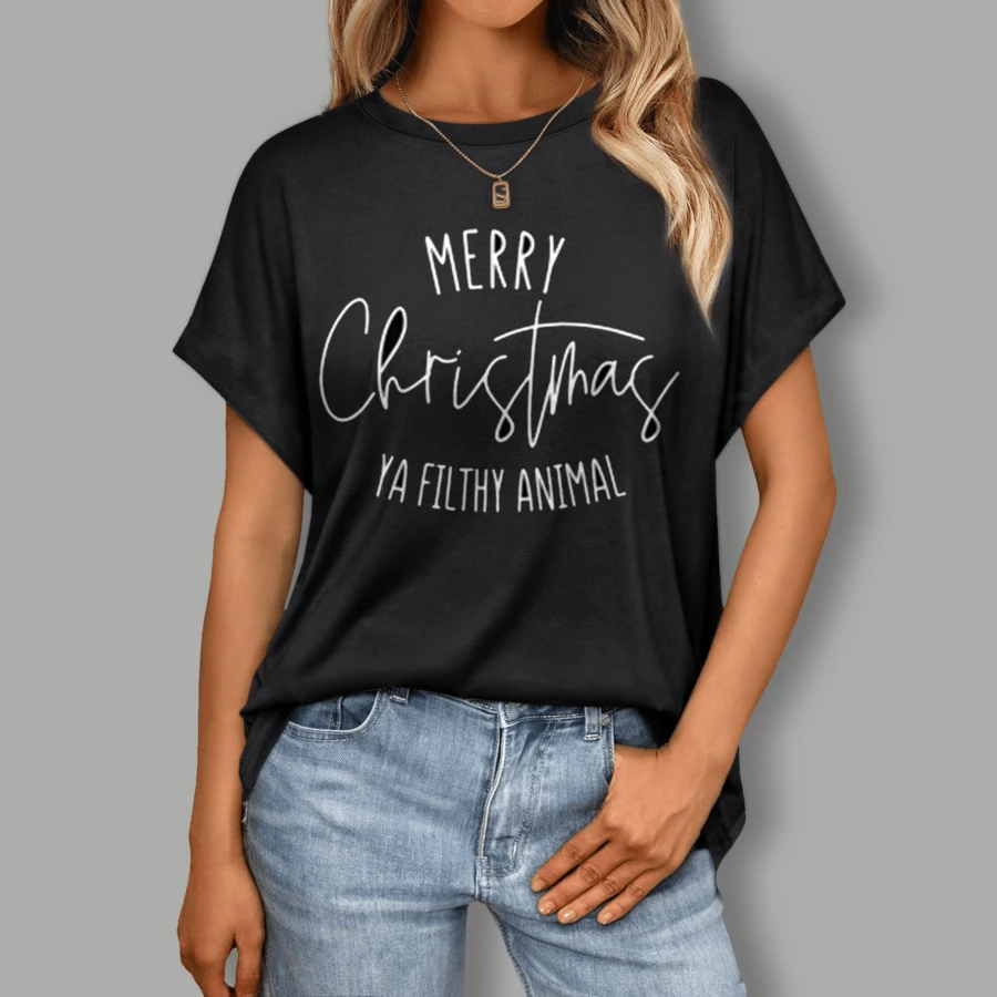 Merry Christmas Ya Filthy Animal Sweatshirt - Casual Polyester Pullover With Alphabet Print, Knit Fabric, Round Neck, Unisex Adult Size-27 - Black - View 1