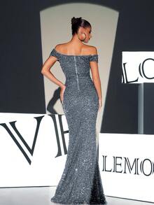 Grey Off Shoulder Sequin High Slit Maxi Evening Gown - Grey - View 6
