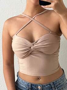 Knotted Crop Top With Padded Bra And Cross Straps - Beige - View 3