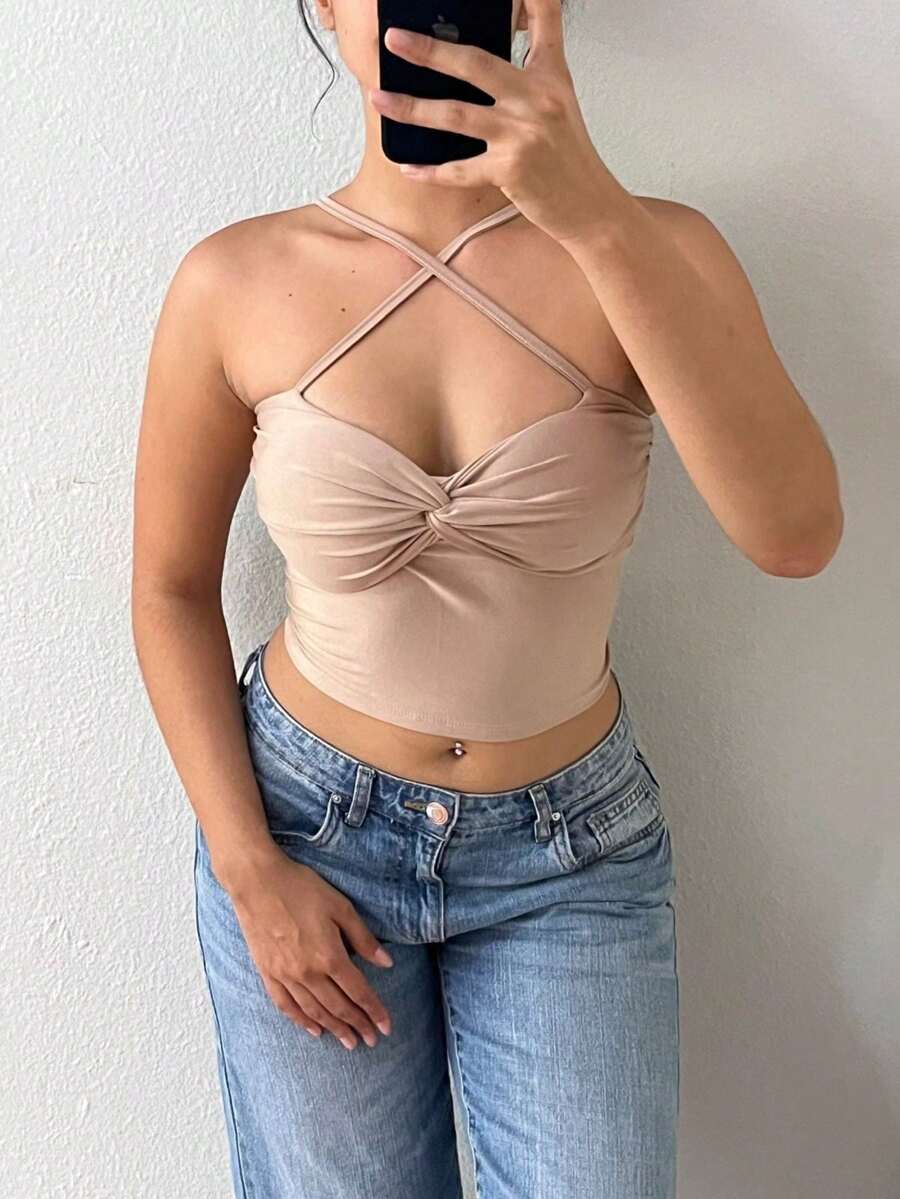 Knotted Crop Top With Padded Bra And Cross Straps - Beige - View 1