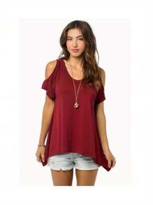 Women Summer Short Sleeve T-Shirt Hollow Out Off Shoulder V Neck Tops Solid Color Irregular Hem Loose Blouse - 紅色 - 查看 1
