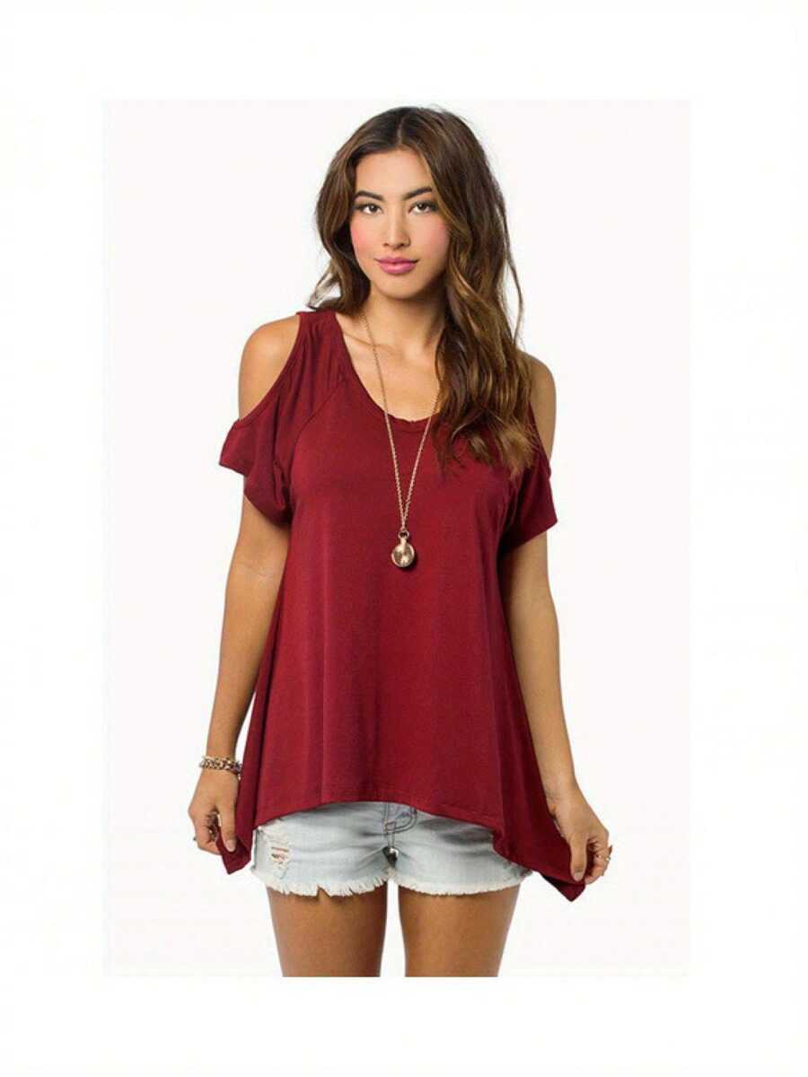 Women Summer Short Sleeve T-Shirt Hollow Out Off Shoulder V Neck Tops Solid Color Irregular Hem Loose Blouse - 紅色 - 查看 1