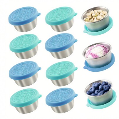 2/4/6/8pcs Reusable Stainless Steel Salad Dressing/Sauce Containers, 1.6oz Leak-Proof Silicone Lids, Suitable For Lunch Box, Work, School, Picnic, Travel, Christmas Party,School Supplies