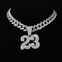 2pcs Iced Out Number 23 Pendant Necklace - 13mm Cuban Link Chain With AAA+ Rhinestones, Hip Hop Bling Jewelry For Men And Women