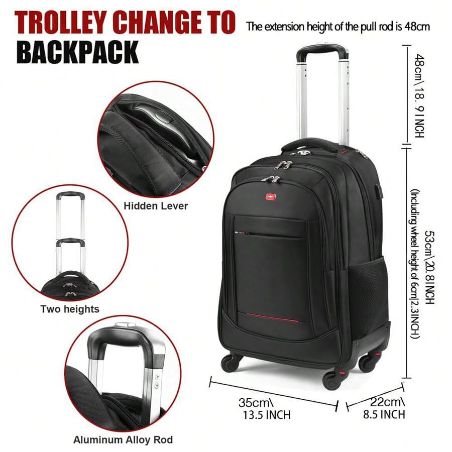 1pc Fashion Oxford Cloth Convertible Business Trolley Backpack, Durable Travel Wheeled Backpack With Telescopic Handle, Multi-Functional Carry-On Luggage With Random Print Design