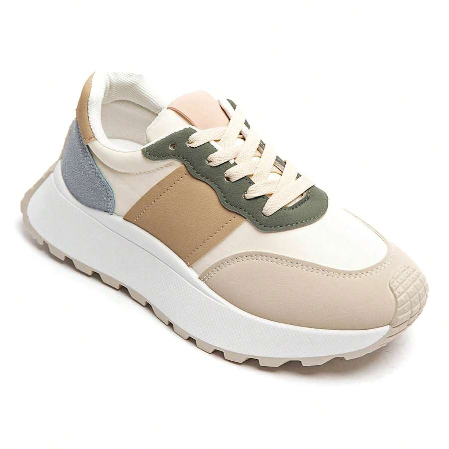 Chunky Beige Sneakers With Leopard Print Panel And Thick Sole - Multicolor - View 1