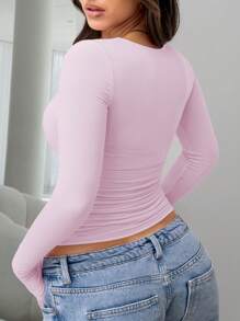 Plus Women's Plain Round Neck Long Sleeve Ruched Fitted T-Shirt, Suitable For Summer And Autumn/Winter Seasons - 粉色 - 查看 4