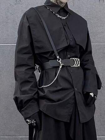哥特朋克身体链腰带：可调节黑色 PU 皮革，带大圆圈装饰 - 男士身体链时尚配饰 - 适合日常佩戴和庆祝场合