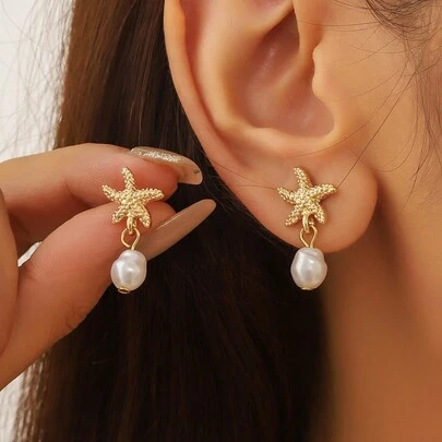 Minimalist Starfish & Faux Pearl Beach Style Tassel Metal Drop Earrings, Suitable For Ladies Beach Travel Holiday Wear
