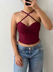 Knotted Crop Top With Padded Bra And Cross Straps - Burgundy - View 2