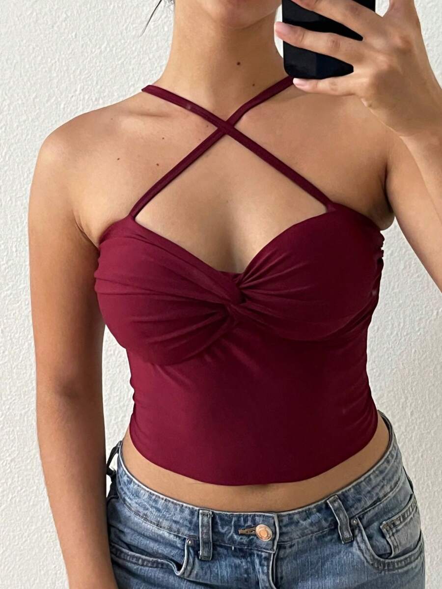Knotted Crop Top With Padded Bra And Cross Straps - Burgundy - View 1