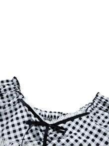 Women Y2k Vintage Short Sleeve T-Shirt Plaid Tie Front Blouse Sweetheart Neck Ruffle Lace Trim Crop Tops E-Girl 90s Streetwear Summer Aesthetic Clothes Outfit - 黑與白 - 查看 7