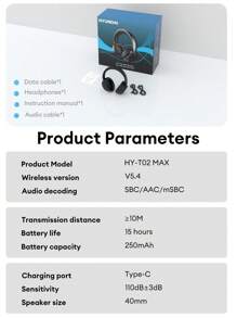 HYUNDAI 现代 HY-T02MAX 蓝牙耳机，5.4 HIFI 高保真音质，深沉低音，防噪麦克风，音乐，锻炼，游戏，低延迟，长电池寿命，时尚商务无线耳机，适用于智能手机和平板电脑 - 黑色 - 查看 10