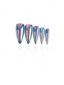 Sanrio Y2K 用 24 件长细高跟法式现代经典简约蓝色极光渐变纯色激光高光泽金属镜面饰面猫眼全覆盖假指甲套装改变您的指甲，适合日常佩戴和派对，让您看起来很酷的指甲用品指甲