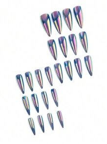 Sanrio Y2K 用 24 件长细高跟法式现代经典简约蓝色极光渐变纯色激光高光泽金属镜面饰面猫眼全覆盖假指甲套装改变您的指甲，适合日常佩戴和派对，让您看起来很酷的指甲用品指甲