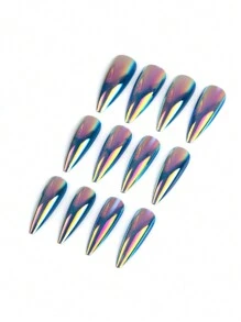 Sanrio Y2K 用 24 件长细高跟法式现代经典简约蓝色极光渐变纯色激光高光泽金属镜面饰面猫眼全覆盖假指甲套装改变您的指甲，适合日常佩戴和派对，让您看起来很酷的指甲用品指甲
