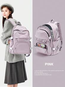 Floless 14/15.6英寸女士笔记本电脑背包，休闲大学生背包，日常背包，旅行包，纯色时尚防盗简约休闲风格，防水多功能女士户外背包，便携大容量24升休闲日用背包，带拉链口袋，大容量多隔层 - 藕粉色 - 查看 3
