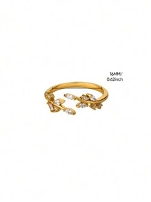 1 Stück exquisiter Zirkonia-Blatt-Ring für Frauen, verstellbarer Ring aus rostfreiem Stahl in Goldfarbe, Blätter-Design, Luxus-Modeschmuck Geschenk