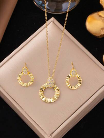 3件套不锈钢镂空不对称圆环项链耳环首饰套装，创意简约优雅复古休闲时尚设计，适合作为礼物、日常佩戴、派对、节日饰品（OPP袋和盒子仅用于拍摄用途）