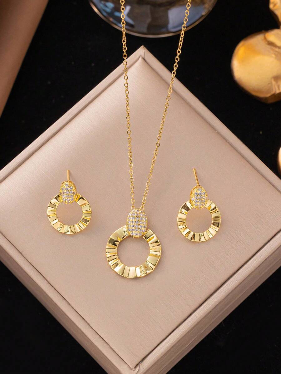 3件套不锈钢镂空不对称圆环项链耳环首饰套装，创意简约优雅复古休闲时尚设计，适合作为礼物、日常佩戴、派对、节日饰品（OPP袋和盒子仅用于拍摄用途） - 金黃色 - 查看 1