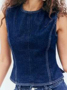 Women Y2k Summer Denim Tops Sleeveless Crew Neck Bow Tie Backless Fitted Vest Shirt Halter Crop Tank Tops Going Out Jean Top Casual Streetwear - Màu xanh lam - Xem 5